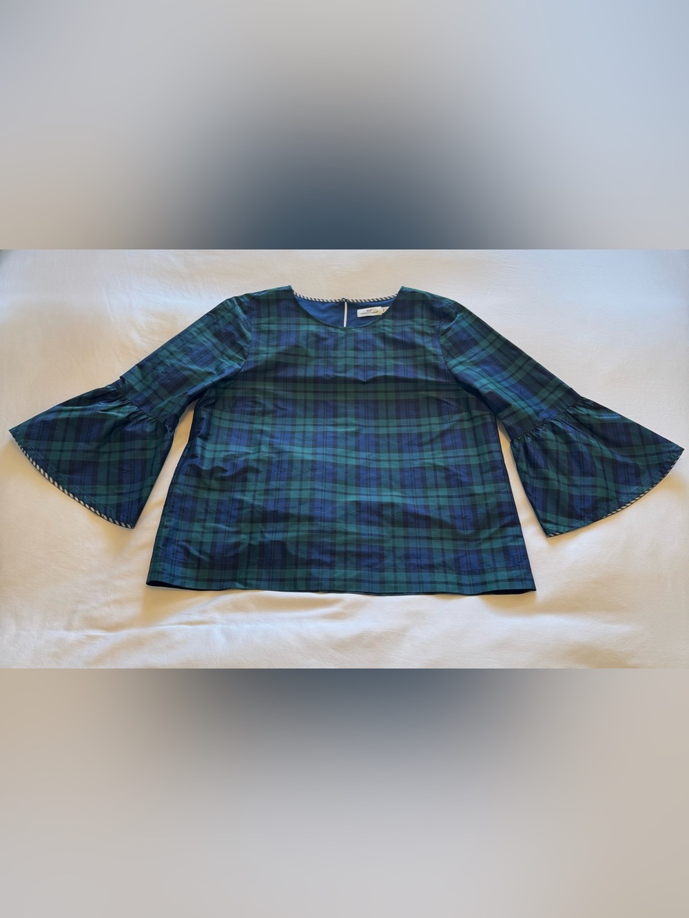 Vineyard Vines Women’s Blue & Green Plaid 3/4 Sleeve Blouse